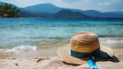 Straw Hat on Sandy Beach with Blue Sea Background