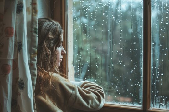 depressed woman sitting on window with rainy weather - Powered by Adobe