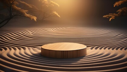 3d background product display podium scene. the podiums with textures reminiscent of raked sand lines found in a Zen garden