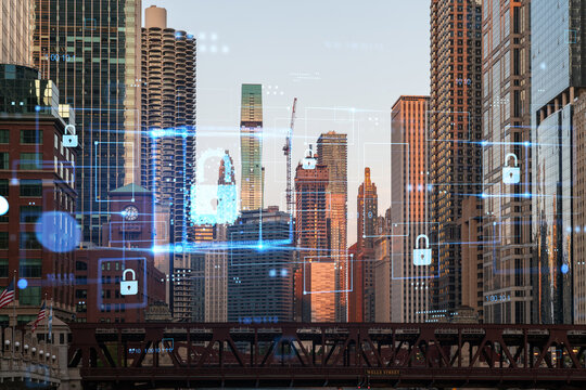 A cityscape of Chicago with digital hologram security concepts superimposed, depicting a blend of urban architecture and futuristic technology. Double exposure