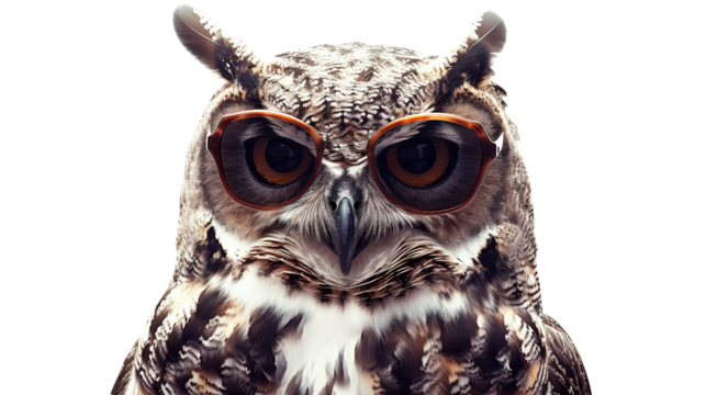 Owl with glasses on white isolated transparent background