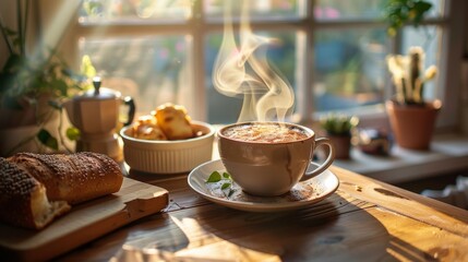 Cozy Morning Breakfast with Steaming Coffee and Fresh Pastries by a Sunlit Window in a Rustic Kitchen Setting