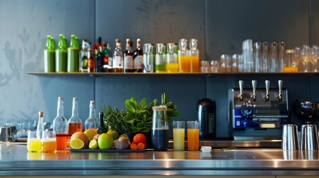 Modern Bar Counter with Fresh Fruits, Juices, and Alcoholic Bottles in a Contemporary Setting