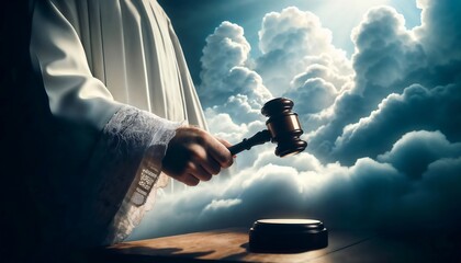 God's Divine Justice - Judge's Hand with Gavel in Heavenly Clouds