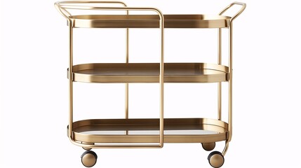 Elegant gold bar cart with three shelves on wheels, ideal for serving drinks or as a stylish storage solution in modern interiors.