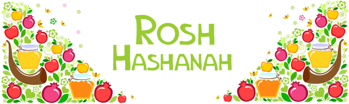 Rosh hashanah (jewish New Year holiday) concept. Traditional symbols. Template for postcard or invitation card, poster, banner. Horizont banner. Greeting, invitation card or flyer. Vector illustration