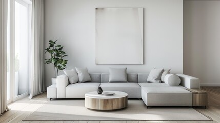 Living room Modern minimalist scandinavian home interior with comfortable white sofa chairs, wall poster frame decoration. Natural light from glass windows.