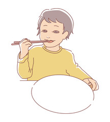 笑顔でお箸を使って食事をする子供と白くて丸いお皿のシンプルなイラスト