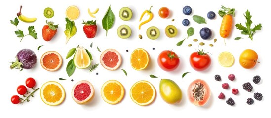 Fruits and vegetables isolated against a white backdrop.