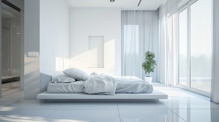 Modern Minimalist Bedroom with White Decor, Large Windows, and Natural Light