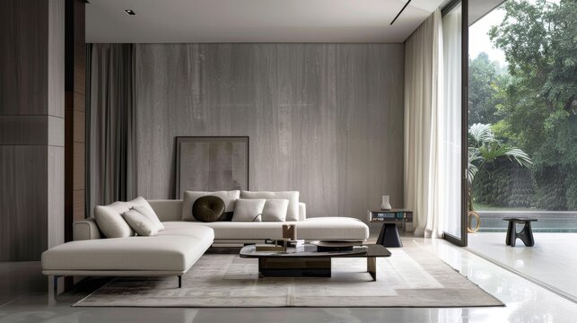 Modern Minimalist Living Room with Large Windows and Pool View, Featuring Elegant Furniture and Neutral Tones for a Sophisticated and Serene Atmosphere