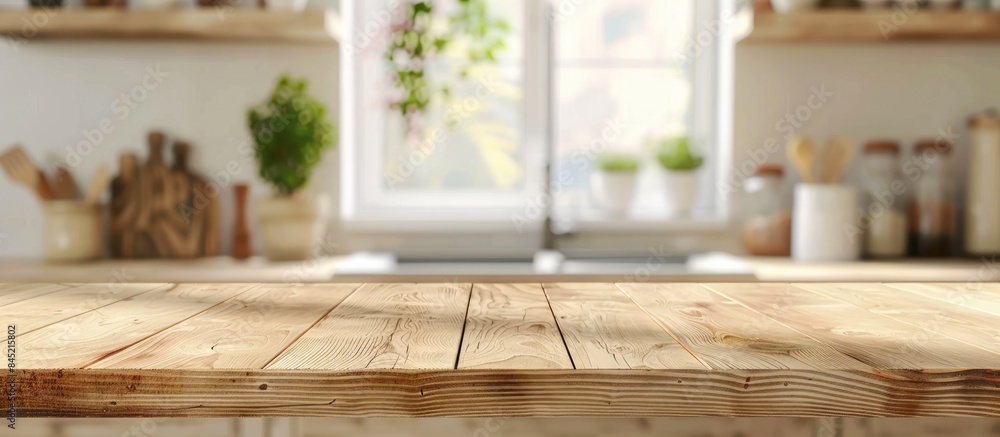 Sticker Wooden table top against a blurry kitchen room backdrop for product display or design layout.