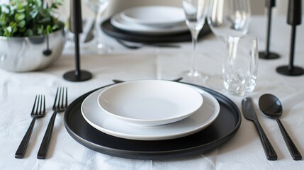Elegant Table Setting with Black and White Dinnerware, Glasses, and Cutlery on White Tablecloth for Fine Dining Experience