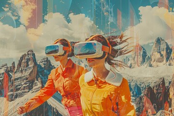 Promotional poster featuring a modern art montage of a couple wearing virtual goggles exploring a mountainous landscape, representing the idea of enhanced reality and advanced technology.