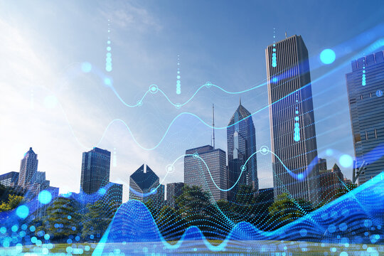 Chicago cityscape with digital holographic interface overlay, depicting futuristic technology concept. Double exposure
