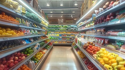 Fototapeta premium Supermarket indoor, no people, spacious channels, shelves are placed with fresh vegetables, colorful fruits, beautifully packaged snacks and a variety of daily necessities. Generative AI.
