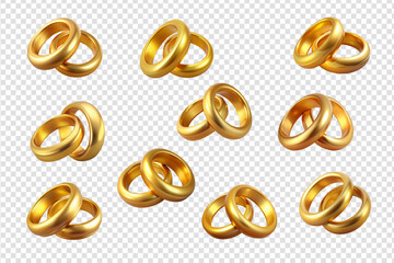 Engagement gold ring collection. Set gold engagement ring, transparent background, png, vector, gold.