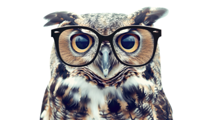 Owl with glasses on white isolated transparent background