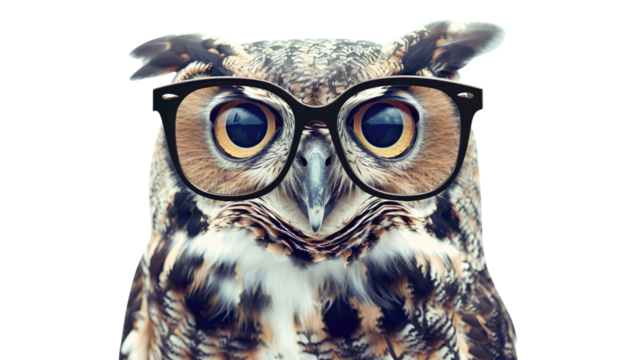 Owl with glasses on white isolated transparent background