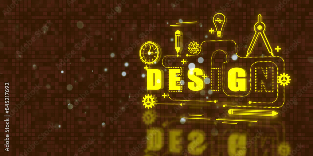 Poster graphic design concept outline. digital thin line illustration on blurry orange background with mock
