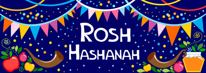 Rosh hashanah (jewish New Year holiday) concept. Traditional symbols. Template for postcard or invitation card, poster, banner. Horizont banner. Greeting, invitation card or flyer. Vector illustration