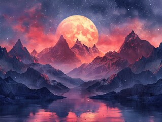 Enchanting Pastel Mountains: Fantasy Landscape with Vibrant Hues and Starry Sky Illustration