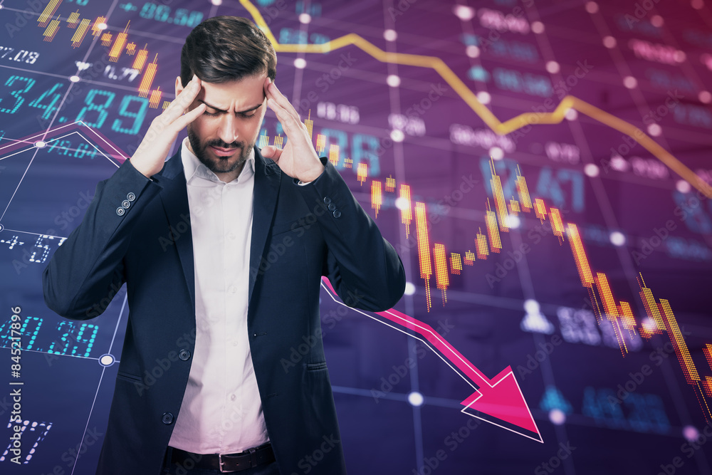 Poster stressed young european man with glowing falling forex chart and index grid on blurry background. cr