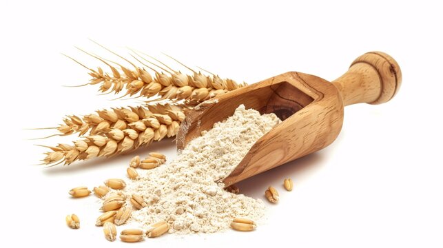 A front-facing image of a timber ladle containing All-natural Wheat Powder (Triticum), set against a blank backdrop.