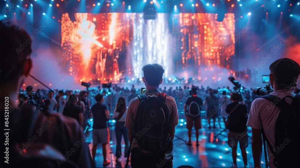 Poster internet celebrities are live streaming on a small stage, with a waterfall led screen in the backgro