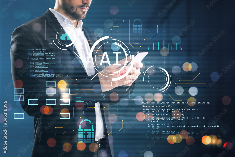Aufkleber Close up of male hands using smartphone with glowing blurry ai hologram with binary coding on blurry background. Artificial intelligence, technology and programming concept.