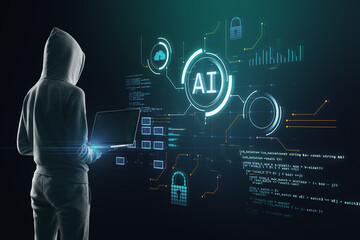Hacker using laptop with glowing blurry ai hologram with binary coding on blurry background. Artificial intelligence, malware, technology and programming concept.