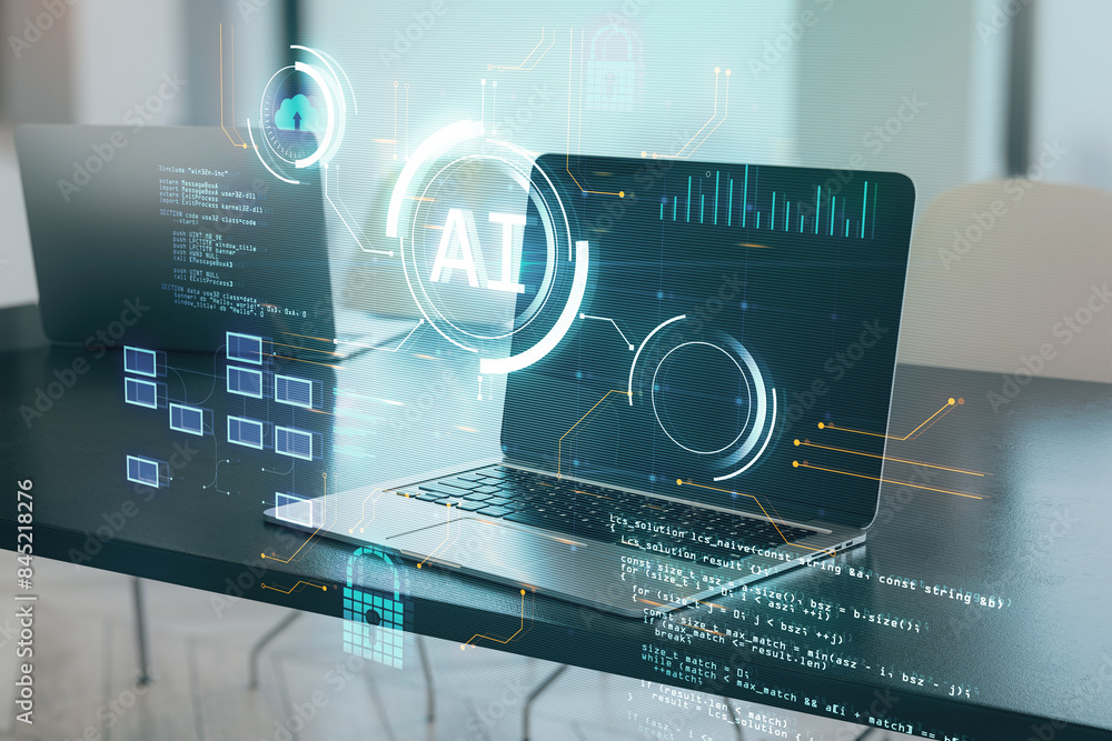 Poster Close up of office desktop with laptop computer and glowing blurry ai hologram with binary coding on blurry background. Artificial intelligence, technology and programming concept. Double exposure.