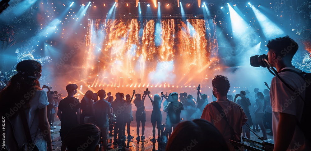 Poster internet celebrities are live streaming on a small stage, with a waterfall led screen in the backgro