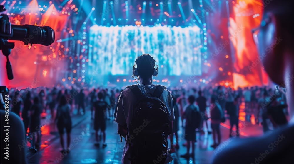 Poster internet celebrities are live streaming on a small stage, with a waterfall led screen in the backgro