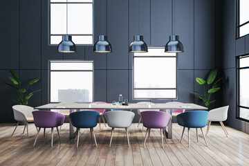 Modern dark meeting room interior with furniture, windows and city view. 3D Rendering.
