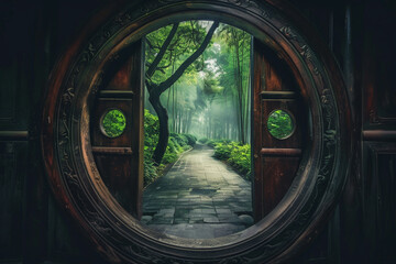 Magical Bamboo Tree Garden Trail Walkway Pathway with Wooden Circular Doorway Portal Ai Generated