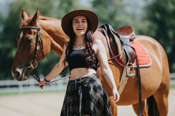Obraz premium Happy young woman with long hair and cowboy hat walking her horse at a sunny outdoor riding arena. Smiling and enjoying the day.