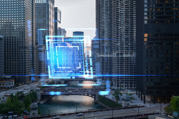 Double exposure of Chicago cityscape with a futuristic hologram over the river, urban technology...