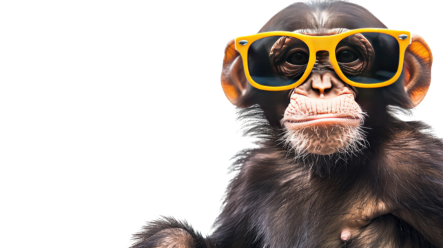 Monkey with sunglasses on white isolated transparent background