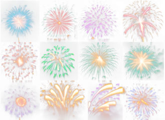 Set of fireworks with brightly shining spark. festive lights isolated on transparent background