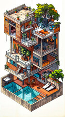 Drawing of three story house with pool in the middle of it.