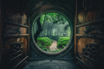 Magical Bamboo Tree Garden Trail Walkway Pathway with Wooden Circular Doorway Portal Ai Generated