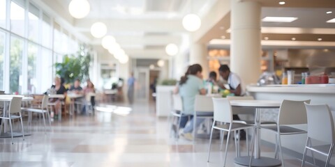 Hospital Cafeteria Welcoming blurred background image of a hospital cafeteria with patients and staff enjoying meals, bright lighting, and a clean, organized space. 