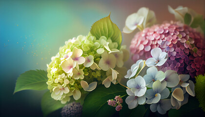 Beautiful hydrangea bouquet isolated on multicolor blur bokeh background. Spring floral composition. Generated AI
