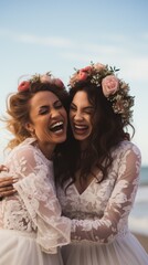 Obraz premium Beach LGBTQ wedding, two brides with flower crowns, waves crashing in background