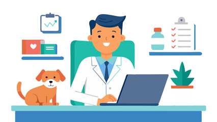 Veterinarian Consultation Vector Illustration - accompanied by an attentive dog