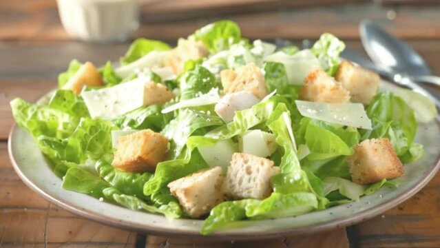 Caesar Salad - Crisp romaine lettuce tossed with Caesar dressing, croutons, and Parmesan cheese, sometimes topped with grilled chicken. 4K Video clip