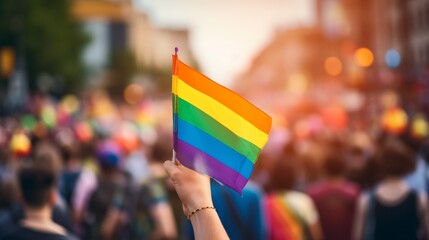 Close-up of hands holding LGBTQ rights sign, blurred Pride crowd in background