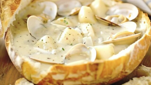 Clam Chowder - A creamy soup made with clams, potatoes, and onions, often served in a bread bowl in New England 4k video clip