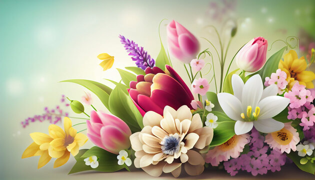 Summer blossom delicate floral bouquet on blurred multicolor bokeh background. Abstract background. Generative AI